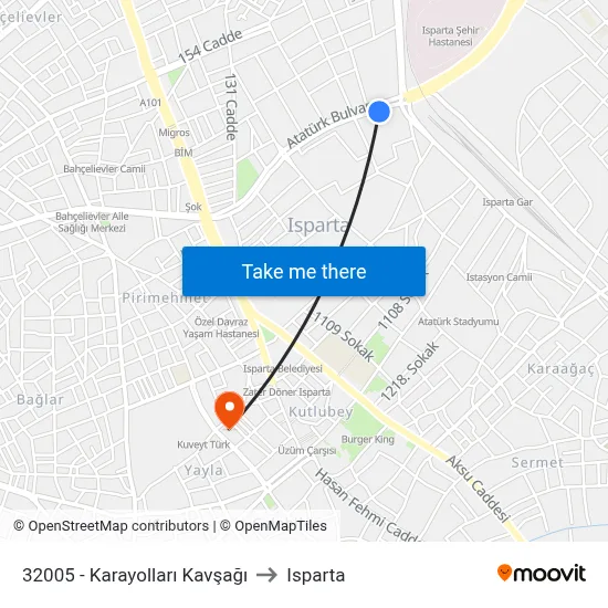32005 - Karayolları Kavşağı to Isparta map