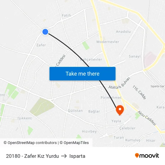 20180 - Zafer Kız Yurdu to Isparta map