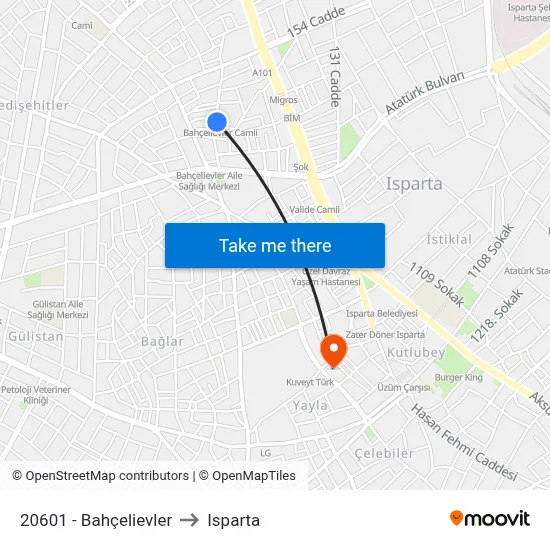 20601 - Bahçelievler to Isparta map