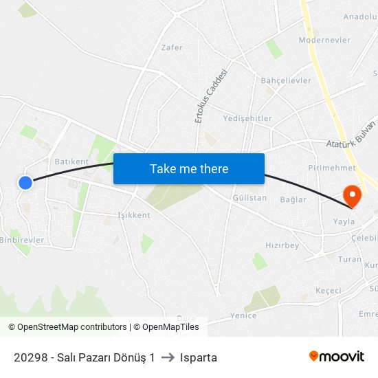 20298 - Salı Pazarı Dönüş 1 to Isparta map