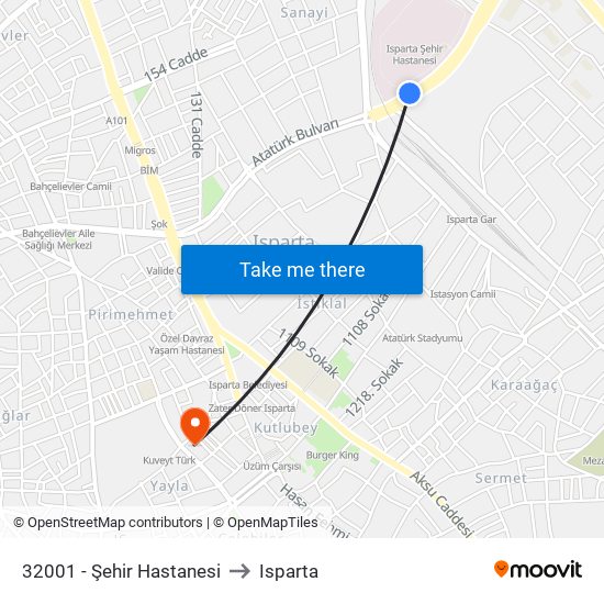 32001 - Şehir Hastanesi to Isparta map