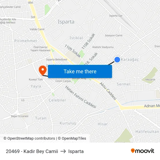 20469 - Kadir Bey Camii to Isparta map