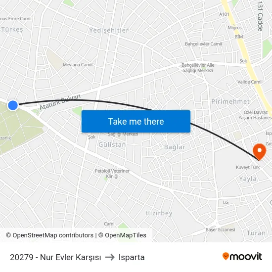 20279 - Nur Evler Karşısı to Isparta map