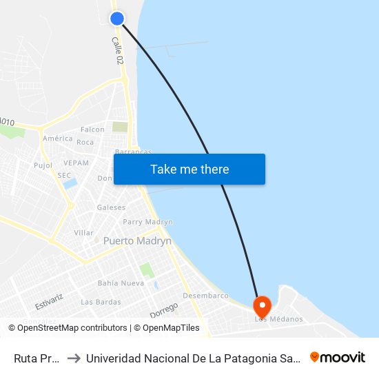 Ruta Provincial 1 to Univeridad Nacional De La Patagonia San Juan Bosco - Sede Puerto Madryn map