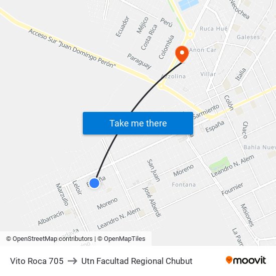 Vito Roca 705 to Utn Facultad Regional Chubut map