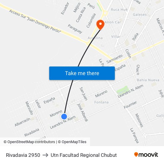 Rivadavia 2950 to Utn Facultad Regional Chubut map