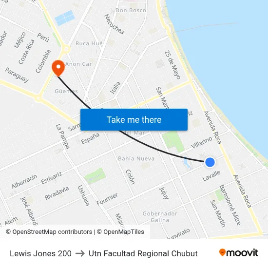 Lewis Jones 200 to Utn Facultad Regional Chubut map