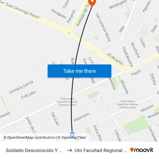 Soldado Desconocido Y Estivariz to Utn Facultad Regional Chubut map