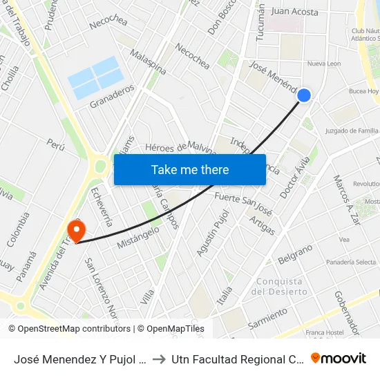 José Menendez Y Pujol Norte to Utn Facultad Regional Chubut map