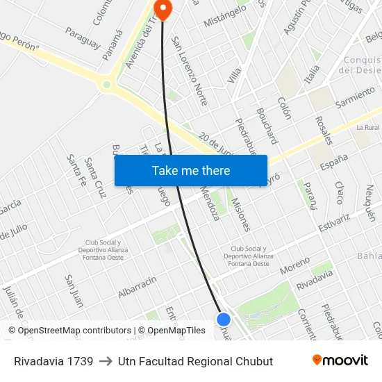 Rivadavia 1739 to Utn Facultad Regional Chubut map