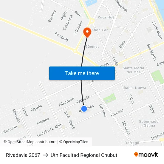 Rivadavia 2067 to Utn Facultad Regional Chubut map