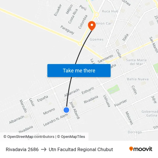 Rivadavia 2686 to Utn Facultad Regional Chubut map