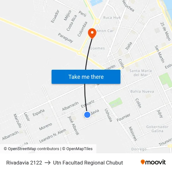 Rivadavia 2122 to Utn Facultad Regional Chubut map