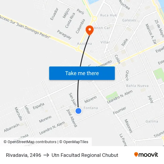 Rivadavia, 2496 to Utn Facultad Regional Chubut map