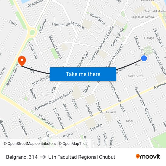 Belgrano, 314 to Utn Facultad Regional Chubut map