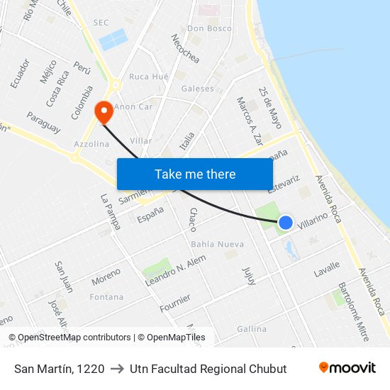 San Martín, 1220 to Utn Facultad Regional Chubut map