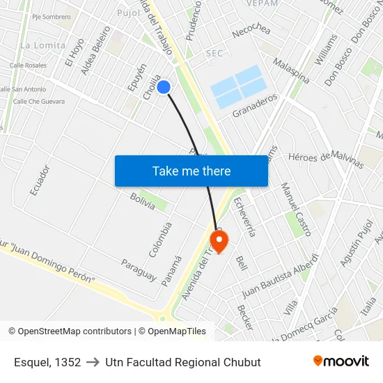 Esquel, 1352 to Utn Facultad Regional Chubut map