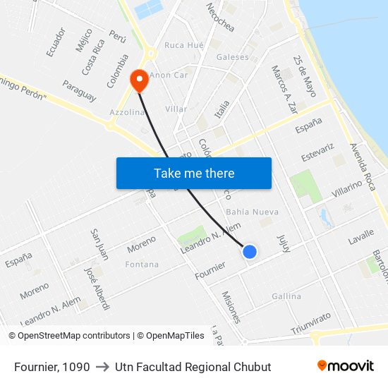 Fournier, 1090 to Utn Facultad Regional Chubut map