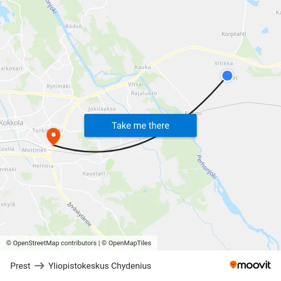 Prest to Yliopistokeskus Chydenius map