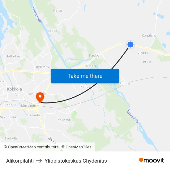 Alikorpilahti to Yliopistokeskus Chydenius map