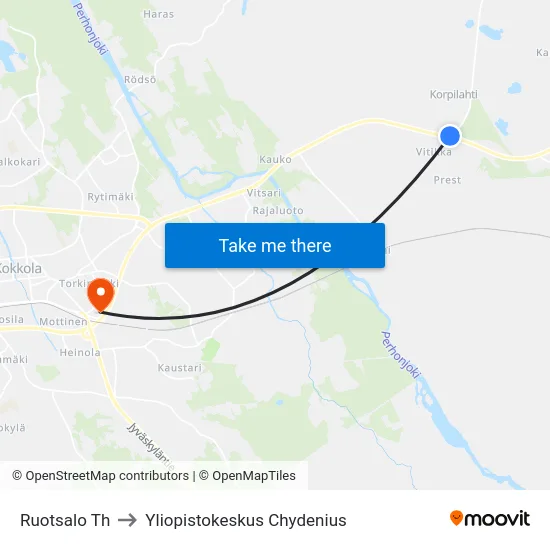 Ruotsalo Th to Yliopistokeskus Chydenius map