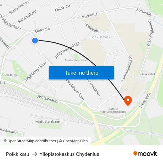 Poikkikatu to Yliopistokeskus Chydenius map