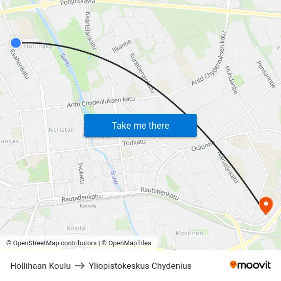 Hollihaan Koulu to Yliopistokeskus Chydenius map