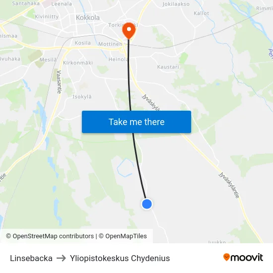 Linsebacka to Yliopistokeskus Chydenius map