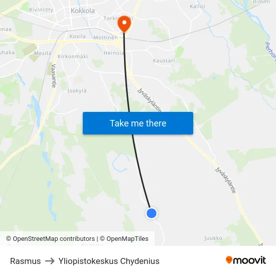 Rasmus to Yliopistokeskus Chydenius map