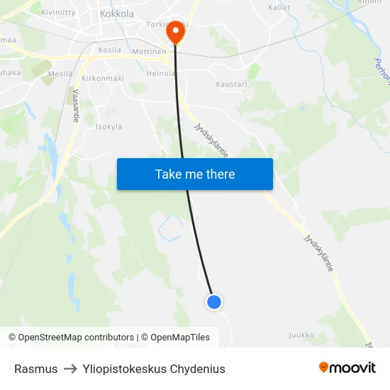 Rasmus to Yliopistokeskus Chydenius map