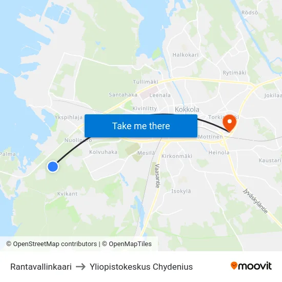 Rantavallinkaari to Yliopistokeskus Chydenius map