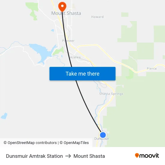 Dunsmuir Amtrak Station to Mount Shasta map