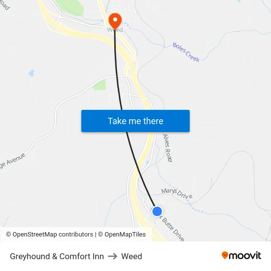Greyhound & Comfort Inn to Weed map