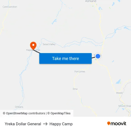 Yreka Dollar General to Happy Camp map