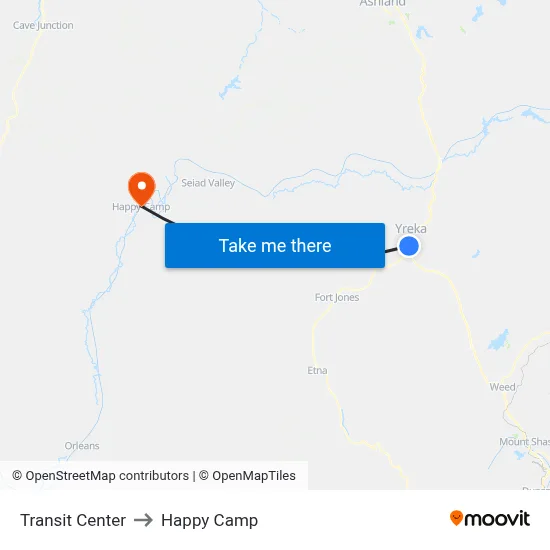 Transit Center to Happy Camp map