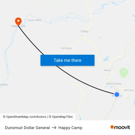 Dunsmuir Dollar General to Happy Camp map