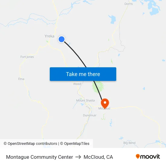 Montague Community Center to McCloud, CA map