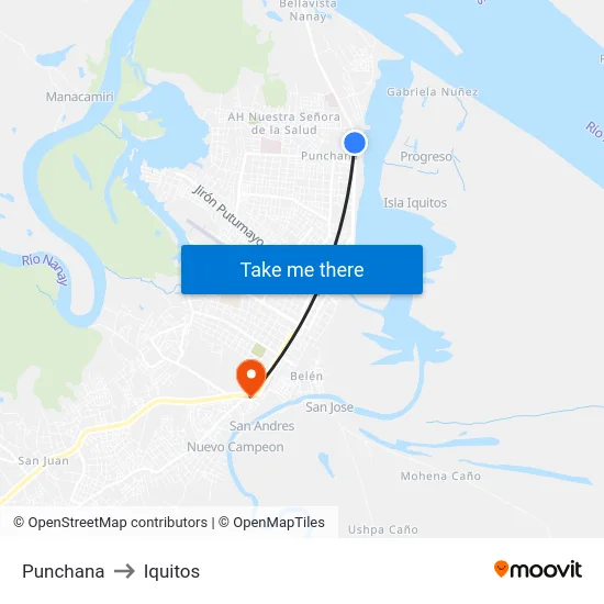 Punchana to Iquitos map