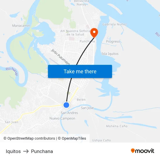 Iquitos to Punchana map