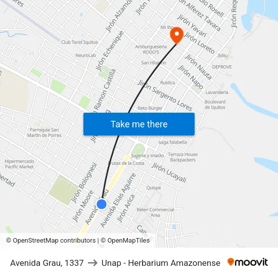 Avenida Grau, 1337 to Unap - Herbarium Amazonense map