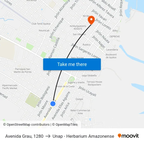 Avenida Grau, 1280 to Unap - Herbarium Amazonense map