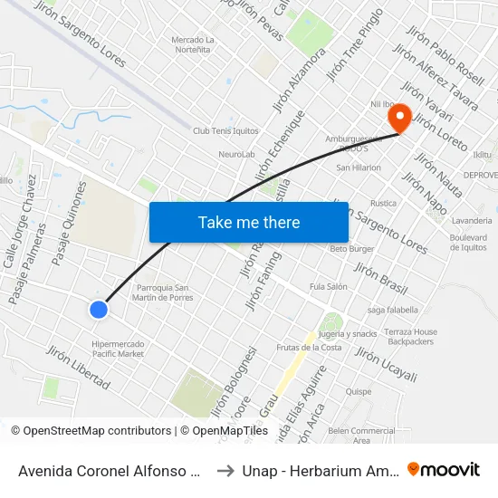Avenida Coronel Alfonso Ugarte, 1423 to Unap - Herbarium Amazonense map