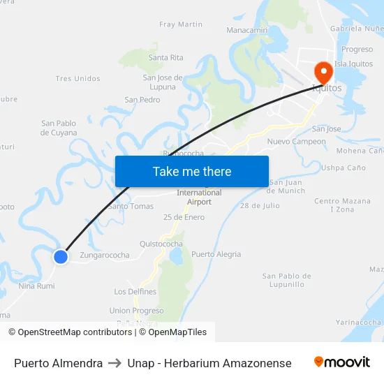 Puerto Almendra to Unap - Herbarium Amazonense map