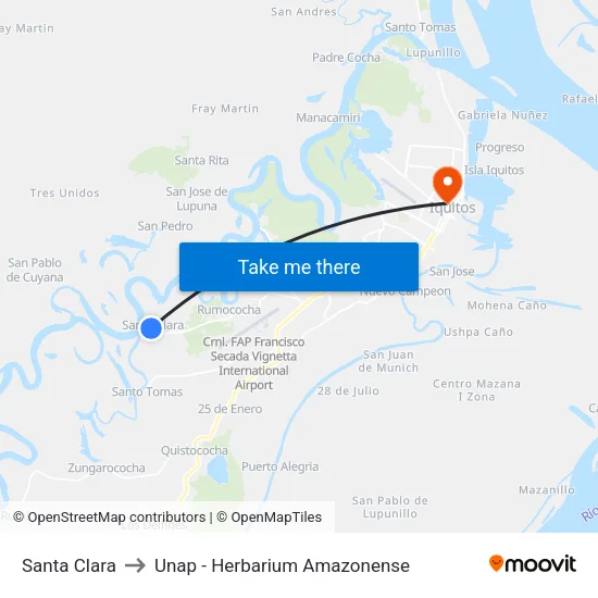 Santa Clara to Unap - Herbarium Amazonense map