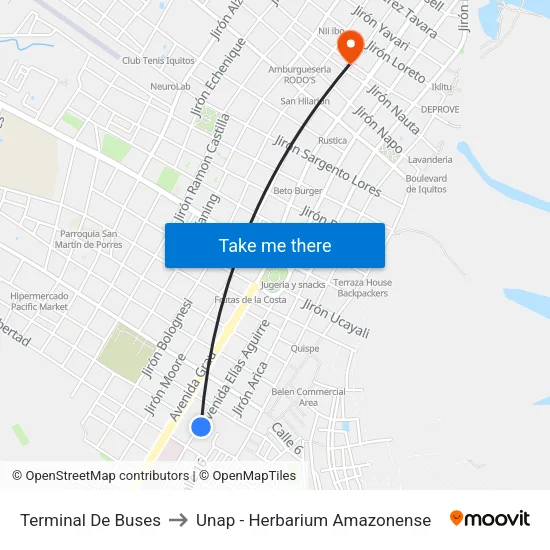 Terminal De Buses to Unap - Herbarium Amazonense map