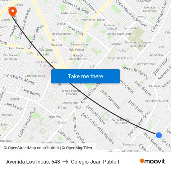 Avenida Los Incas, 643 to Colegio Juan Pablo II map