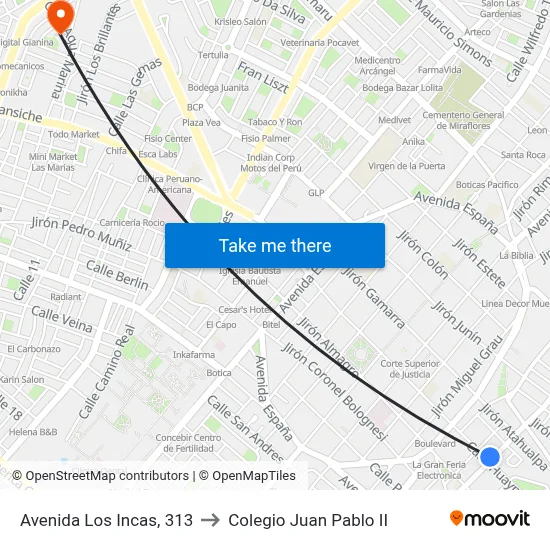 Avenida Los Incas, 313 to Colegio Juan Pablo II map