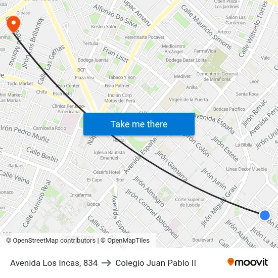 Avenida Los Incas, 834 to Colegio Juan Pablo II map