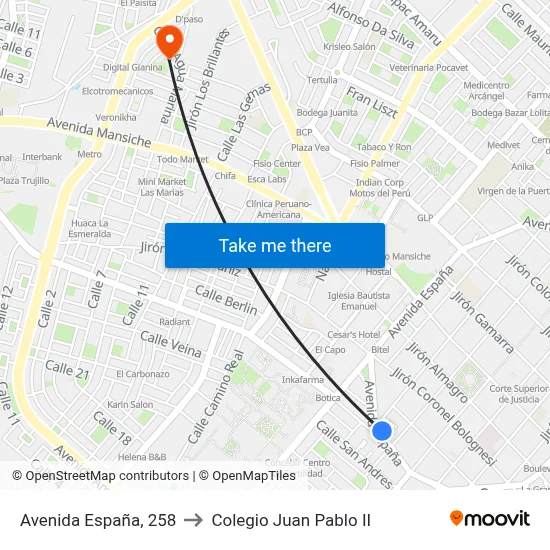 Avenida España, 258 to Colegio Juan Pablo II map