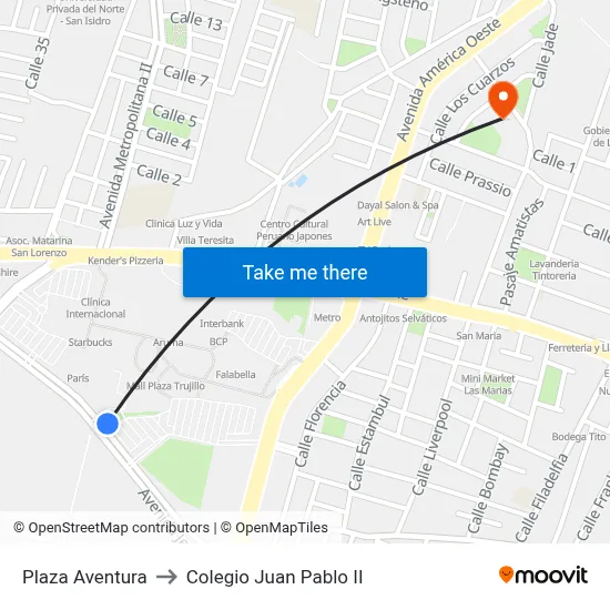 Plaza Aventura to Colegio Juan Pablo II map